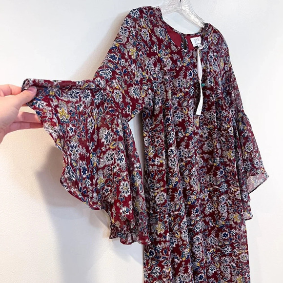 Jade by Johnny Was Maroon Floral Quarter Butterfly Sleeve Boho Mini Dress S NWT - Picture 3 of 10
